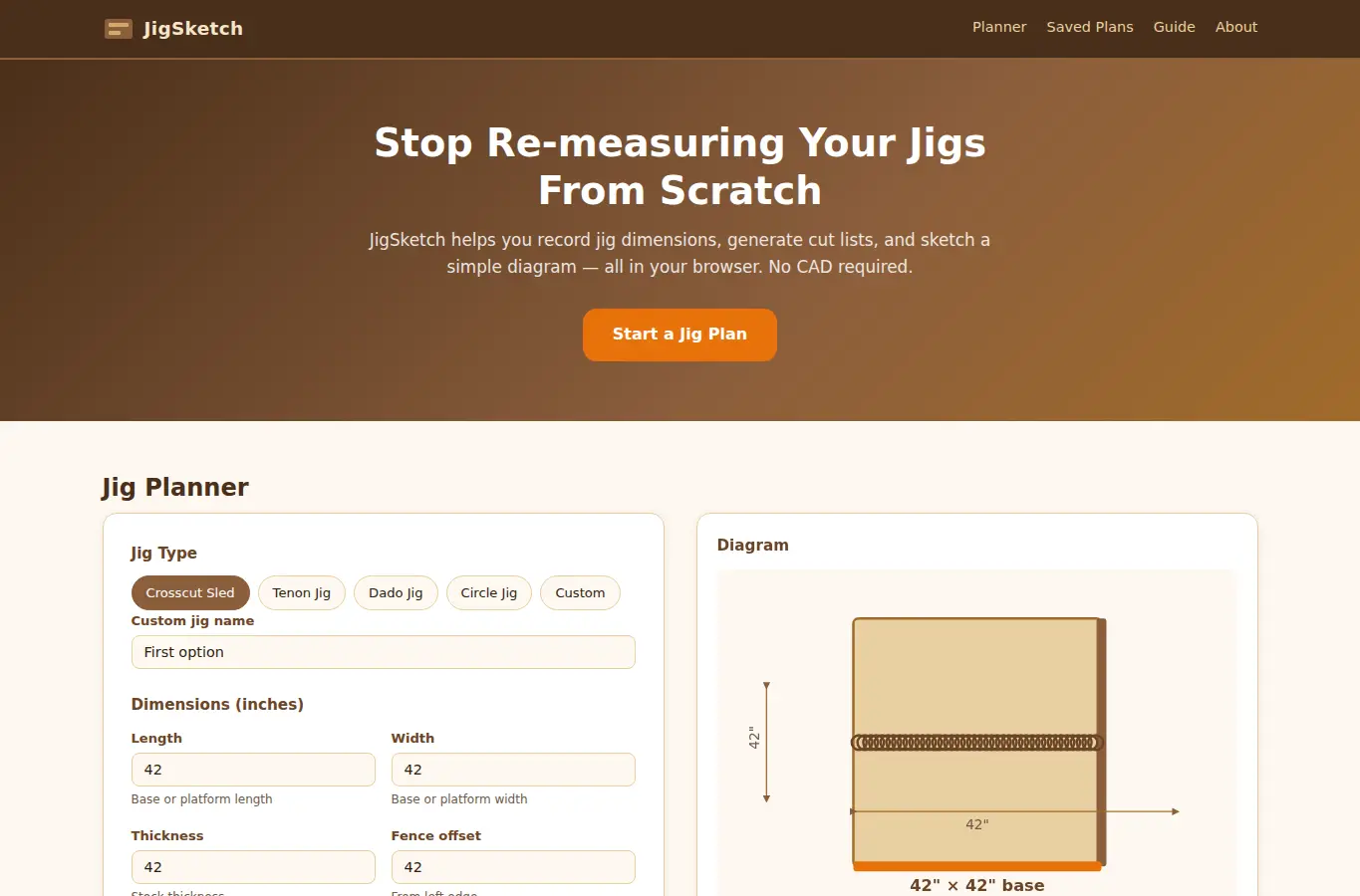 Screenshot of JigSketch: Workshop Jig & Template Planner interface showing the project page in use